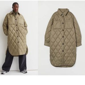 NWOT H&M LONG QUILTED WEATHER PROOF KHAKI GREEN BUTTON DOWN SHACKET JACKET SZ S